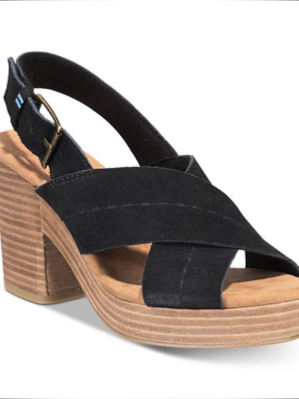 TOMS Ibiza Suede Platform 3.5 Heel Sandals Size 8 Black Strappy Boho GUC Comfort